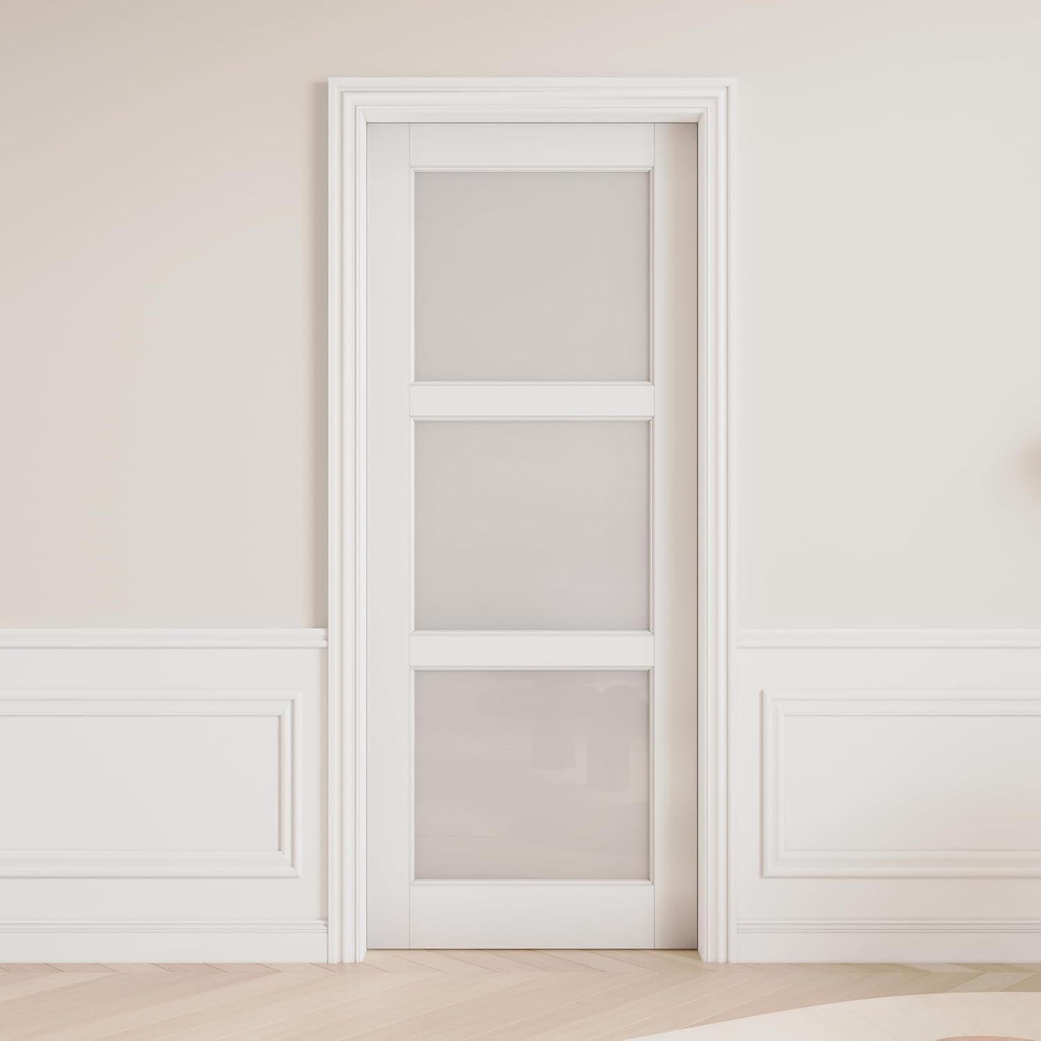 28 x 80 Interior Door Slab, Glass Door, Room Doors with Frosted Glass, Solid Core 3 Panel Prebuilt Panel, Paintable Sinlge French Pantry Doors, Privacy Protected