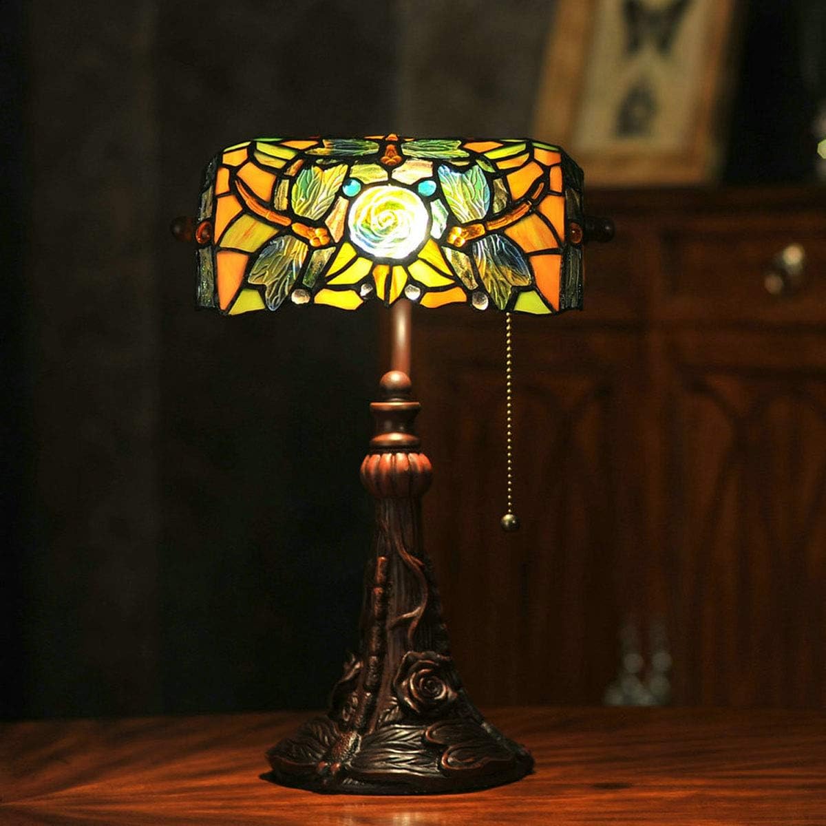 Tiffany Lamp Stained Glass Table Lamp for Living Room Side Dragonfly Piano Lamp Small 15.5' Tall Bedroom Bedside Table Lamp Chain Switch Banker's Home Office Desk Light Farmhouse Lamps