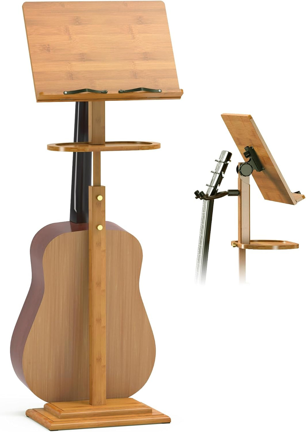 Music Stand for Sheet Music - Bamboo Folding Sheet Music Stands With Tray Guitar Clip, Wooden Sheet Music Organizer Height Adjustable 39.37''-51.2'' for Conductor Lectern Violin Piano Ukulele Players (Natural, Tray + Guitar Clip)