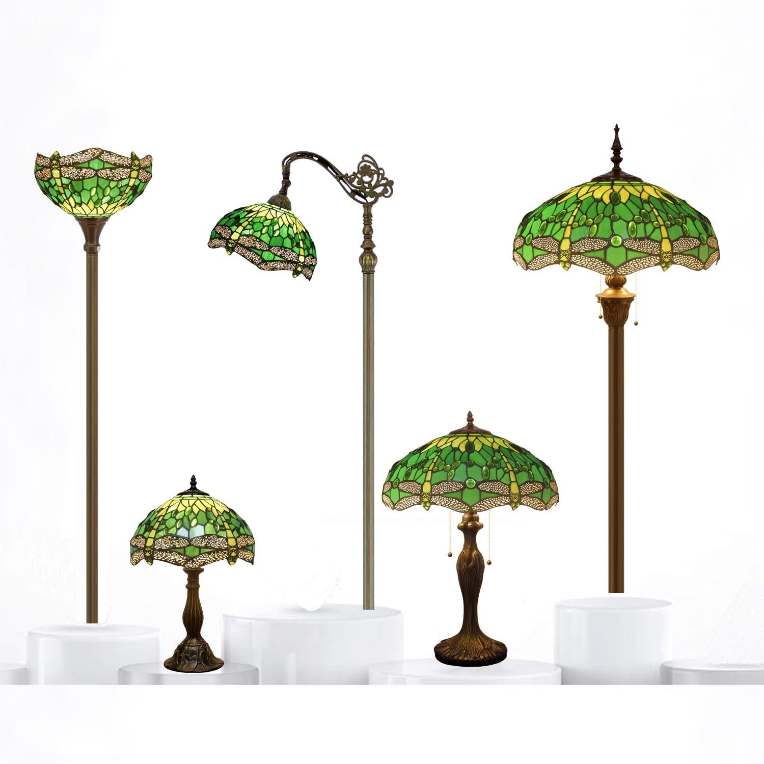 WERFACTORY Tiffany Style Table Lamp Green Stained Glass Dragonfly Bedside Lamp 16X16X24 Inch Desk Reading Light Metal Base Decor Bedroom Living Room Home Office S459 Series