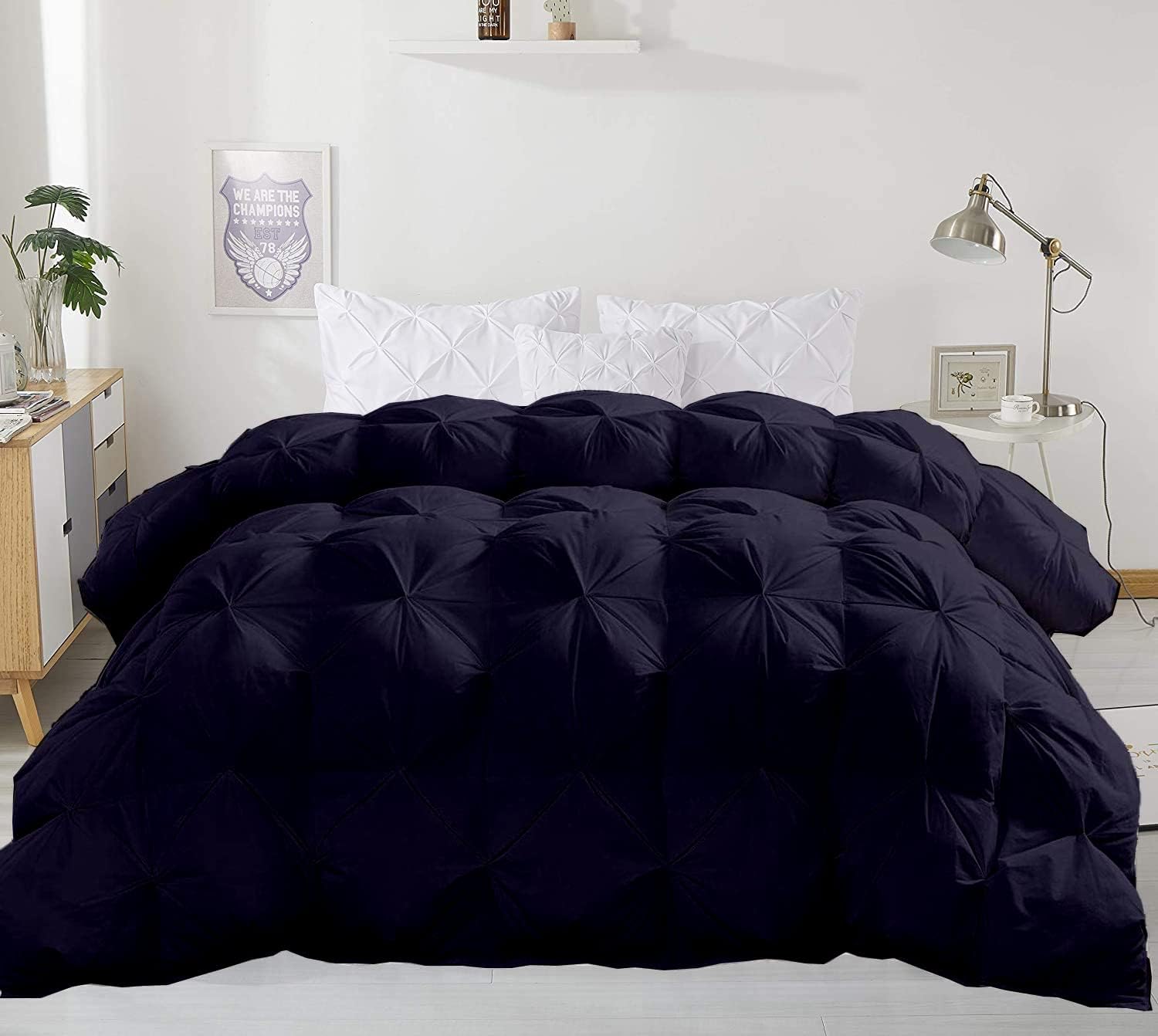 Navy Blue Down Alternative Pinch Pleated Comforter- Oversized Queen Size 98 x 98 Inches 1 Piece All-Season Duvet Insert, 500 GSM with Corner Tabs 100% Egyptian Cotton- (Navy Blue Solid)