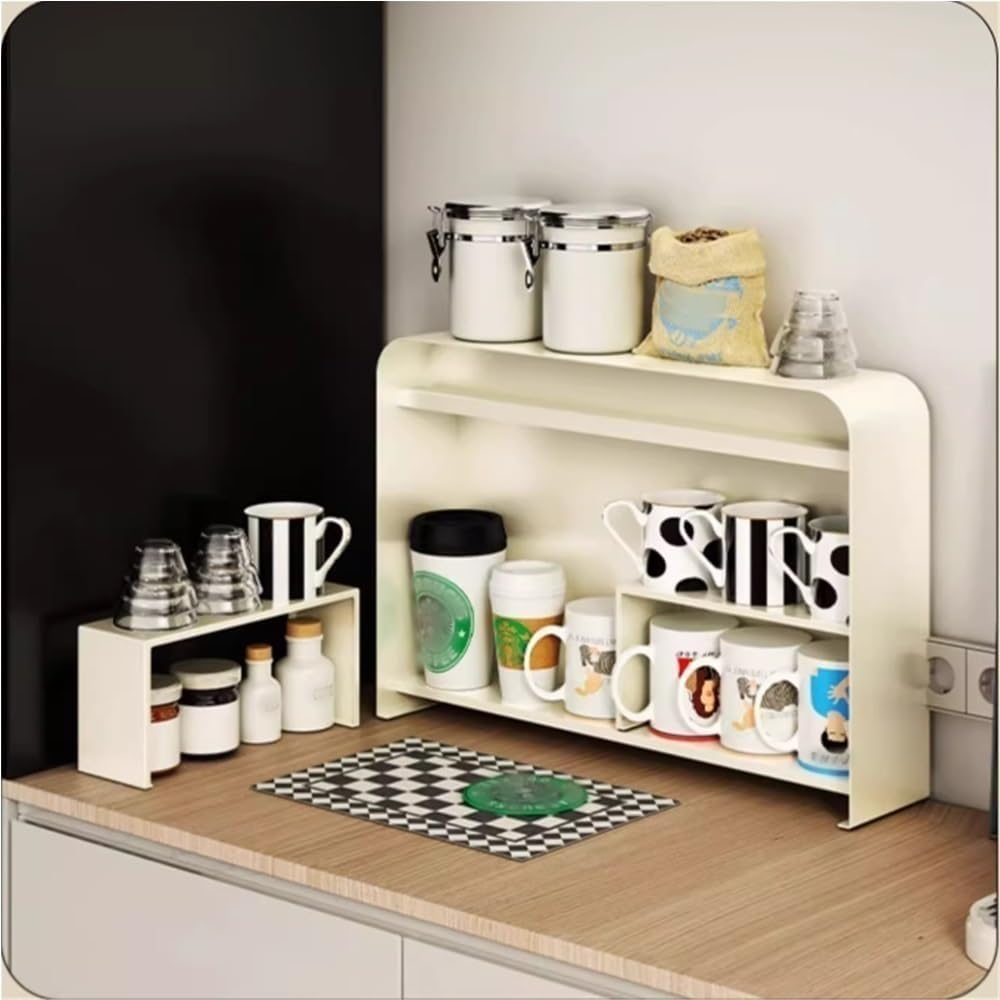 Cups Storage Cabinet with Doors, 2 Tier Shelves Sideboard Organizer, Metal Spice Rack, Snack Organizer, Desktop Organize for Living Room, Kitchen, Coffee Shop(White)