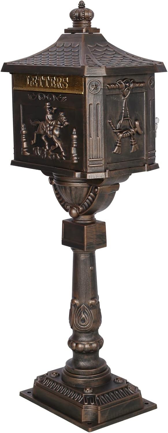 Montary Cast Aluminum Mailbox with Post, Heavy Duty Locking Security Mail Box for House Outside, Vintage Rust-Proof Large Postal Box with Keys & Baffle Door Postal Mailbox (Bronze)