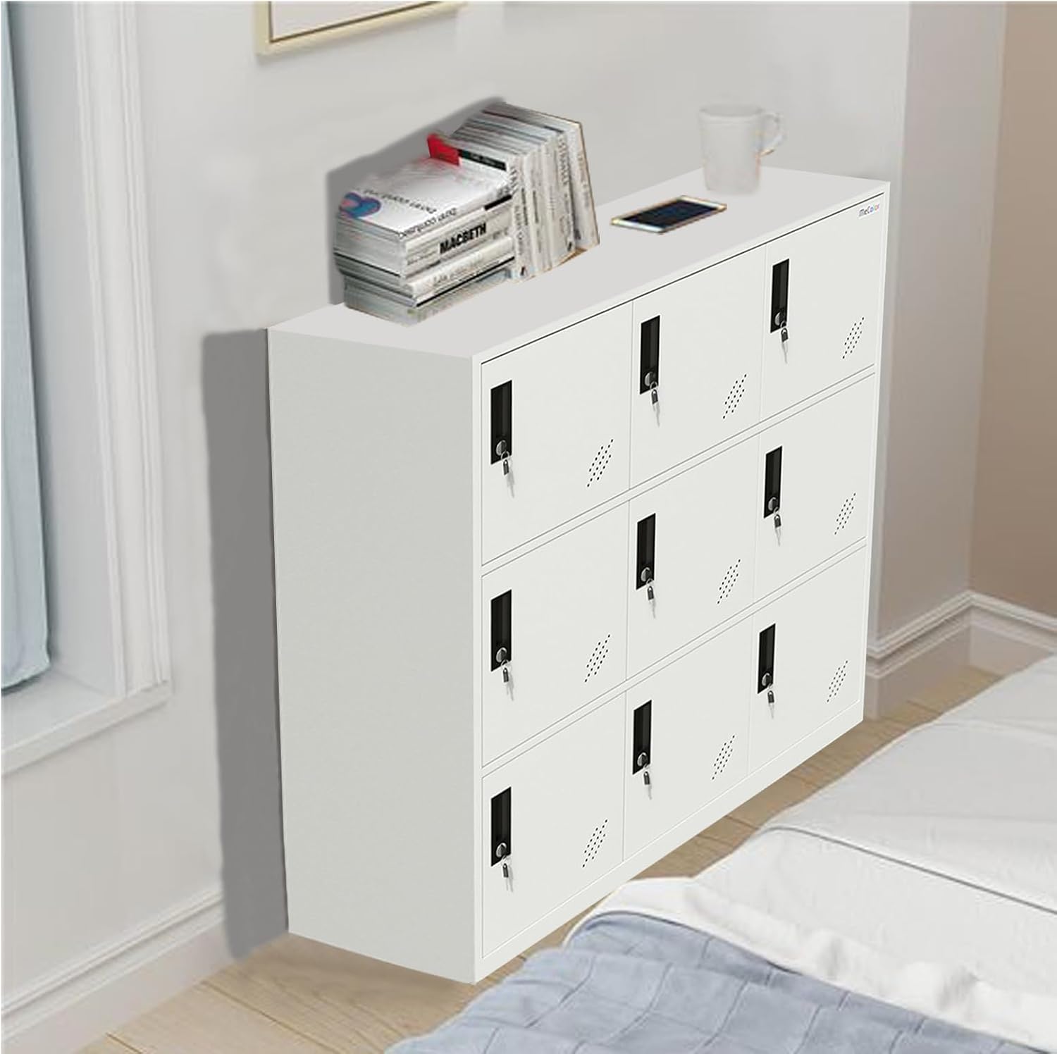 MECOLOR- Living Room Storage Cabinet with 9 Doors, Office Filing Storage Cabinet Locker with Organizers, H 36.4' Full White Steel cabinets (9D, Full White)