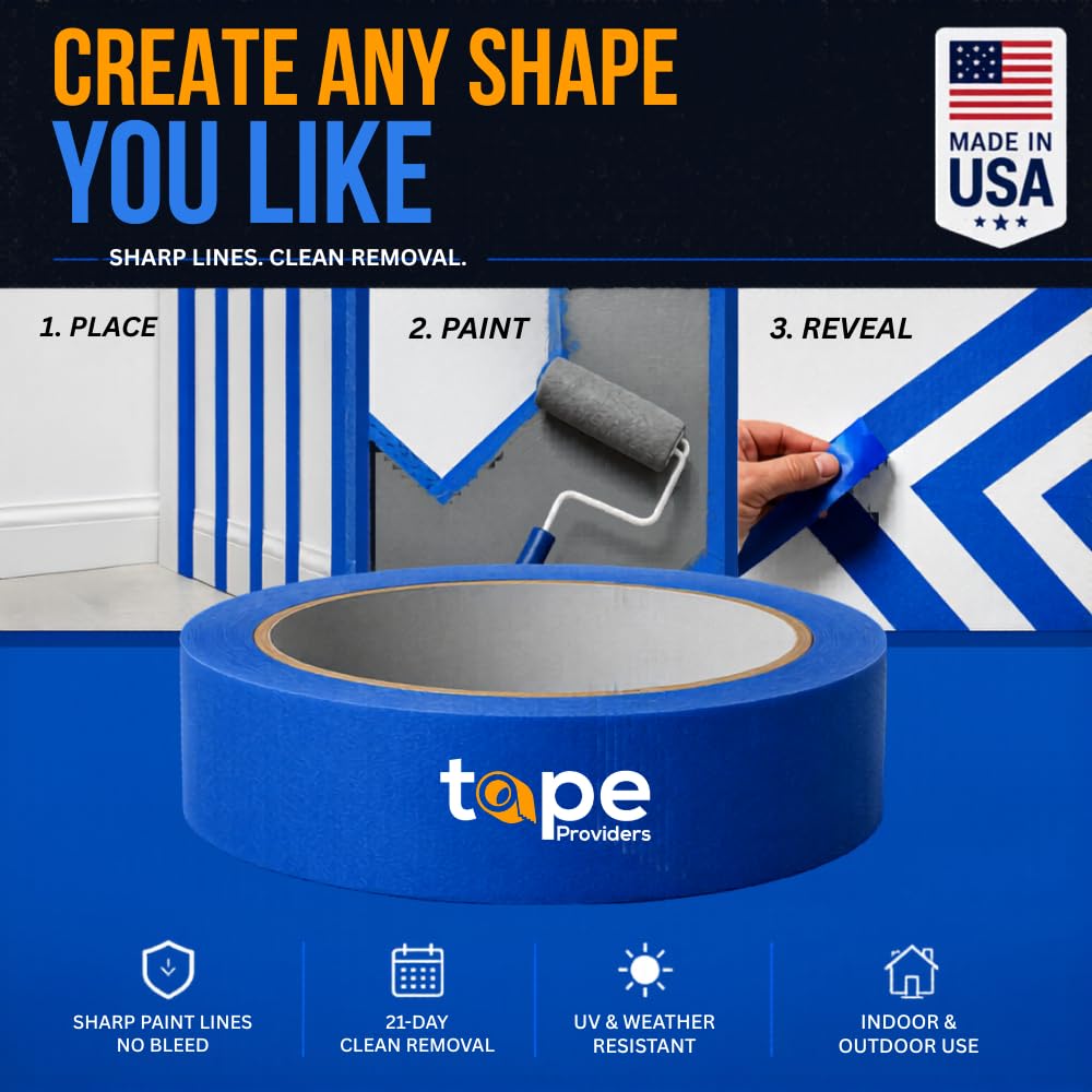 Made in USA Blue Painter's Tape - 1 inch x 60 yds. (48 Pack) Thick & Wide Masking Tape for Safe Wall Painting, Building, Remodeling, Labeling, Edge Finishing