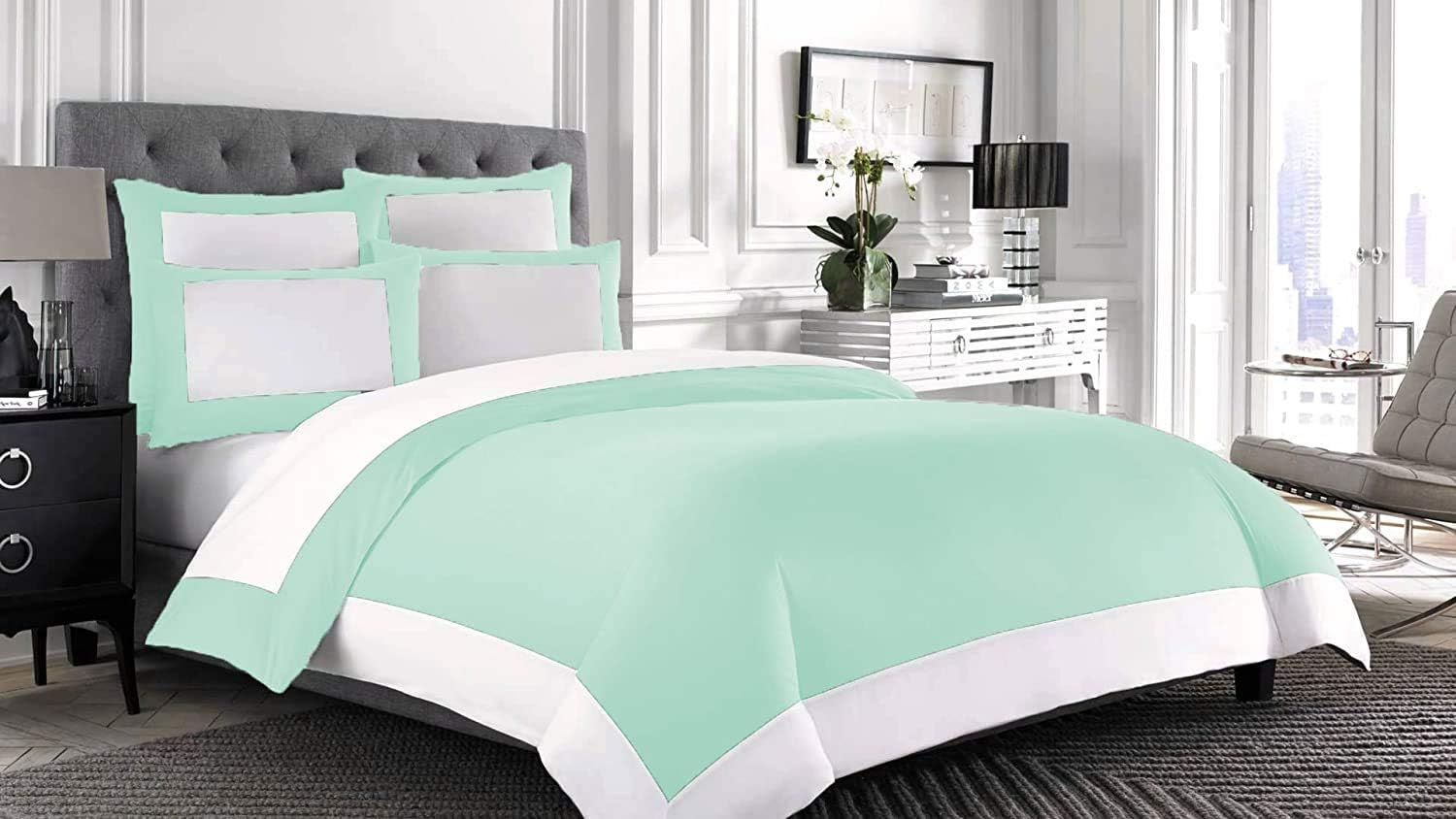 Designer Border Dual Tone Duvet Cover Set with Zipper Closure 700 Thread Count 3 Piece 100% Egyptian Cotton Duvet Cover Bedding Set Fade Resistant - Queen Size,Aqua/White