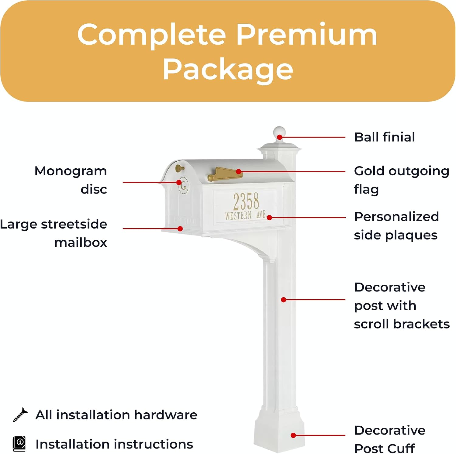 Whitehall Balmoral Monogram Mailbox with Post White Oversized Cast Aluminum Mailbox Package with Personalized Side Plaques, Monogram Door & Weather-Resistant Deluxe Post