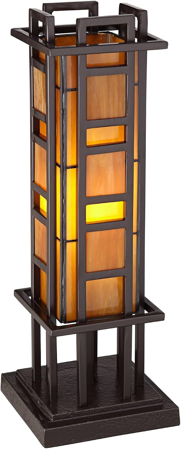 Robert Louis Tiffany Prairie Style Mission Rustic Pillar Accent Table Lamp Bronze Iron Column Hand-Cut Amber Stained Art Glass for Cottage Core Living Room Bedroom House Bedside Nightstand Family