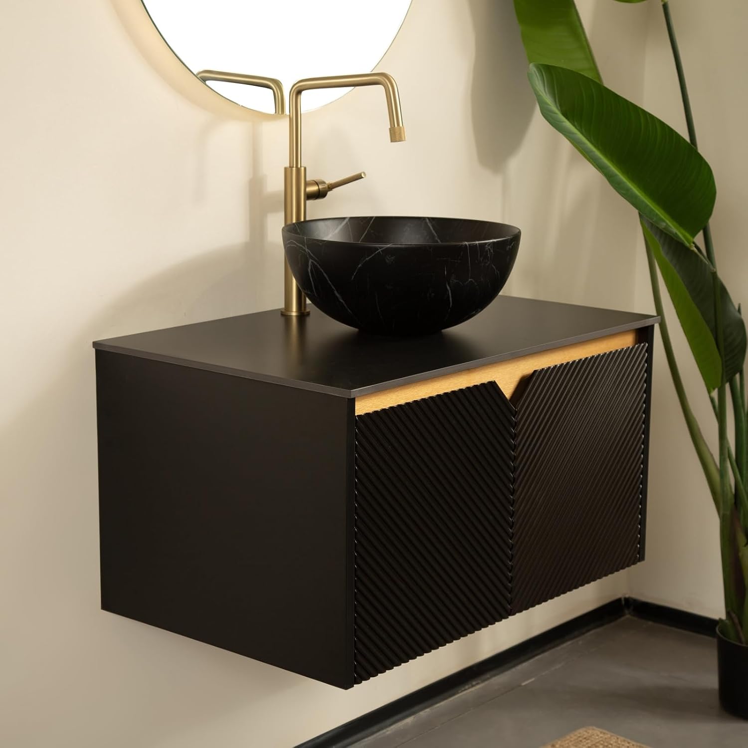 36 Inch Bathroom Vanity with Sink, Floating Fluted Vanity with Vessel Sink, Modern Bathroom Vanity Cabinet with 2 Doors, Bowl Vessel Sink & Sintered Stone Top, Black