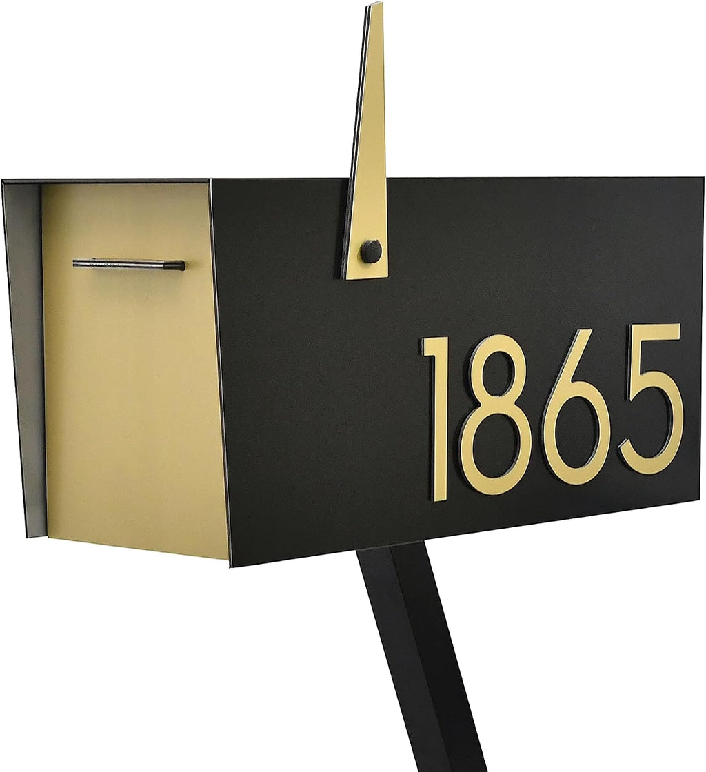 Contemporary Post-Mount Mailbox - Aluminum Black Body with Aluminum Door, Numbers and Flag - Large Customized Mailbox - Type 4 (Gold)