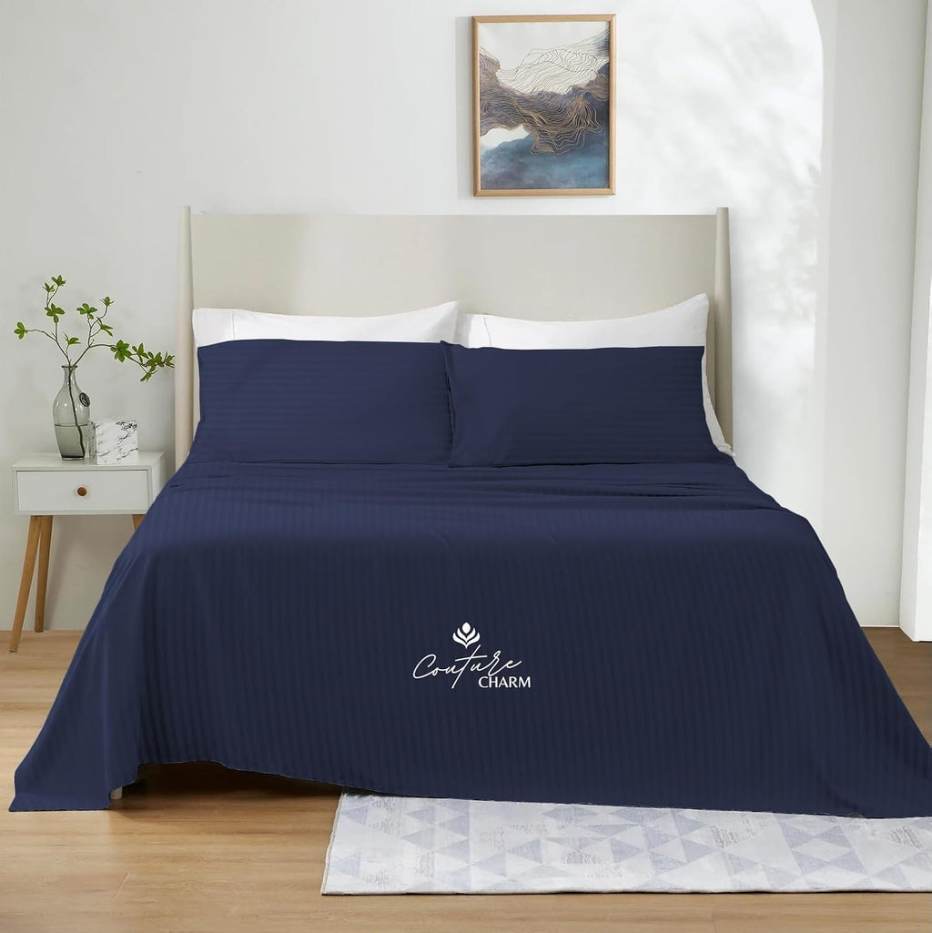 Queen Size 1000 Thread Count 100% Egyptian Cotton Sheet Set, 4-Piece, Sateen Weave, with 10-12' Deep Pocket Snug Fit (Stripe, Navy Blue)
