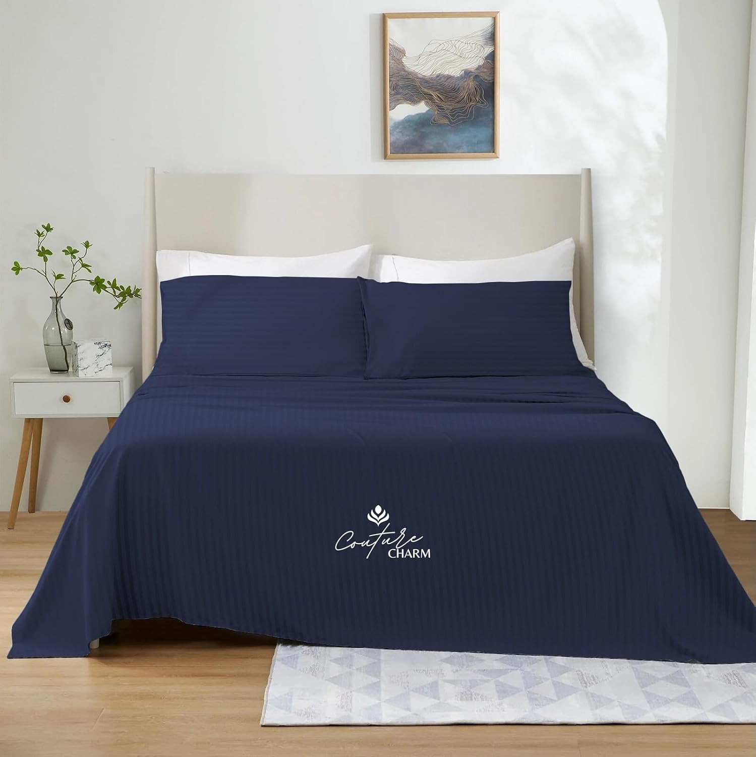 Queen Size 1000 Thread Count 100% Egyptian Cotton Sheet Set, 4-Piece, Sateen Weave, with 10-12' Deep Pocket Snug Fit (Stripe, Navy Blue)