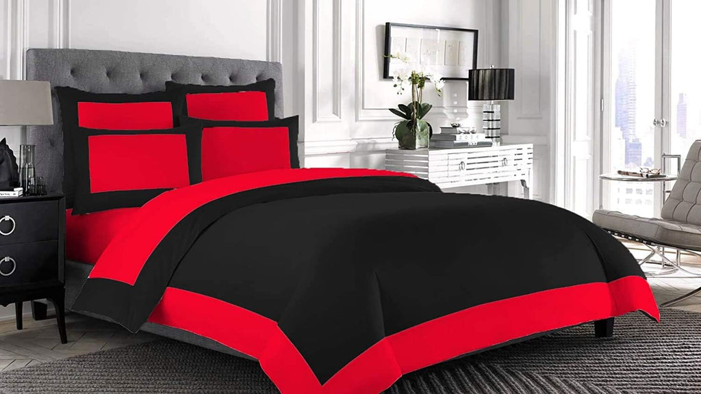 Designer Border Dual Tone Duvet Cover Set with Zipper Closure 700 Thread Count 3 Piece 100% Egyptian Cotton Duvet Cover Bedding Set Fade Resistant - Queen Size, Black/Red