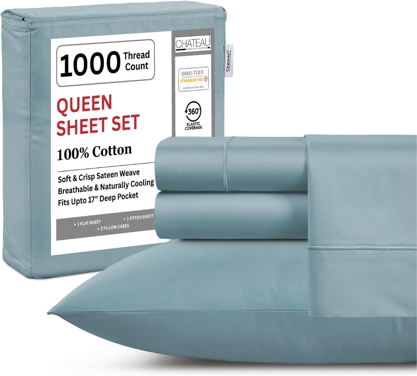 100% Cotton Sheets Queen Size Set- 1000 Thread Count Queen Size Sheets Set, Luxury Hotel Sheets, Soft & Smooth Sateen Weave, Cooling Sheets, 15' deep fitted sheets queen size- French Blue