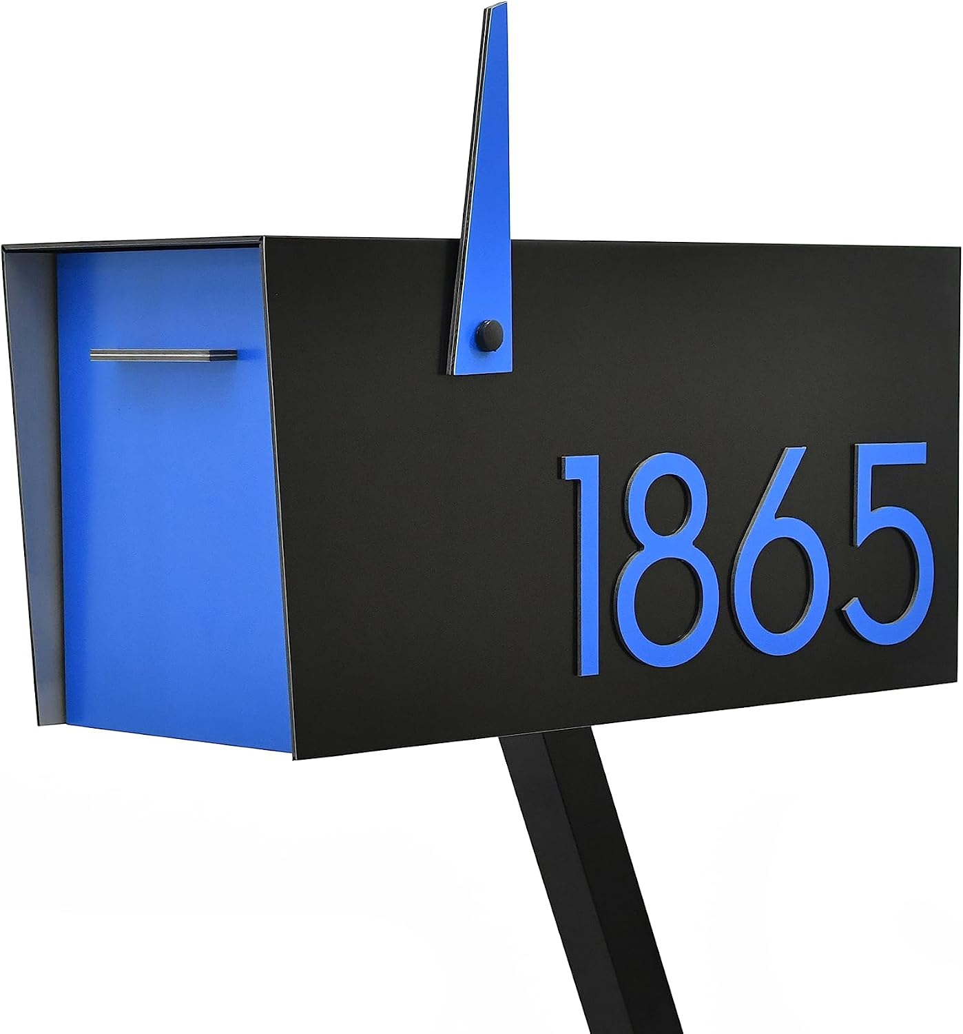 Contemporary Post-Mount Mailbox - Aluminum Black Body with Aluminum Door, Numbers and Flag - Large Customized Mailbox - Type 4 (Blue)