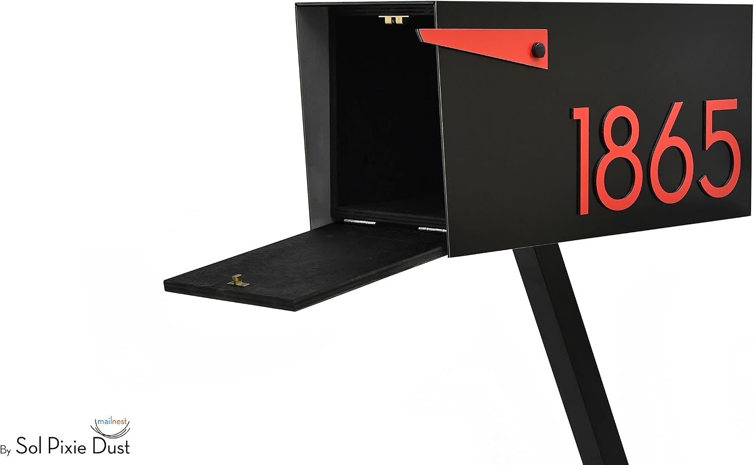 Contemporary Post-Mount Mailbox - Aluminum Black Body with Aluminum Door, Numbers and Flag - Large Customized Mailbox - Type 4 (Red)
