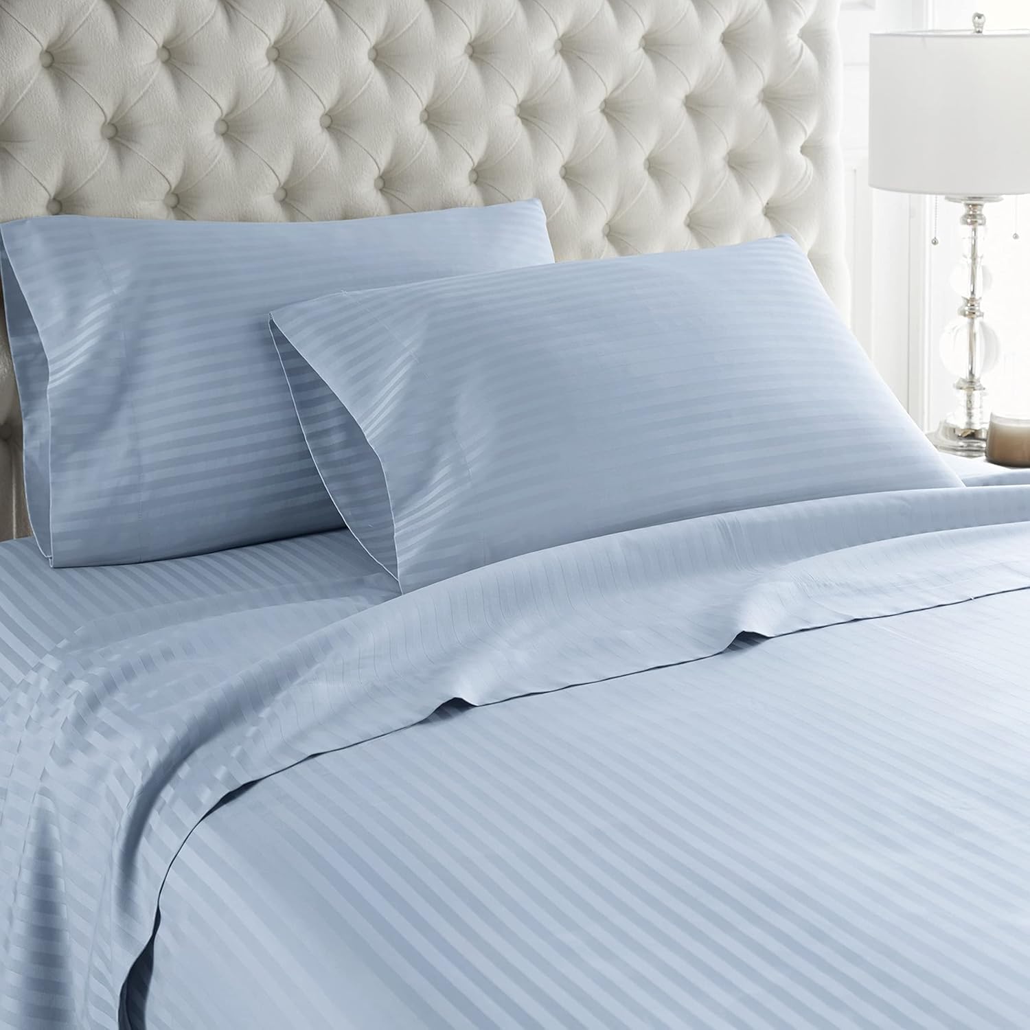 Breathable Luxury Bedding ! 800 Thread Count 100% Egyptian Cotton Queen Size 4 Piece Sheet Set Fit 9' Inch to 12' Inch Deep Pocket Stripe. Light Blue