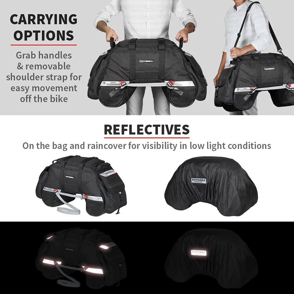 ViaTerra 100% Waterproof Claw Motorcycle Tail Bag (72L, Black) I Roll top Construction with Inner Liner I Free Outer Rain/Dust Cover I Fits Most Bikes