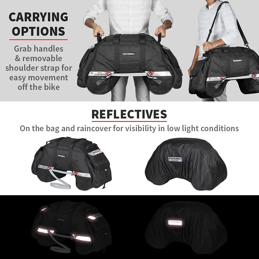 ViaTerra 100% Waterproof Claw Motorcycle Tail Bag (72L, Black) I Roll top Construction with Inner Liner I Free Outer Rain/Dust Cover I Fits Most Bikes