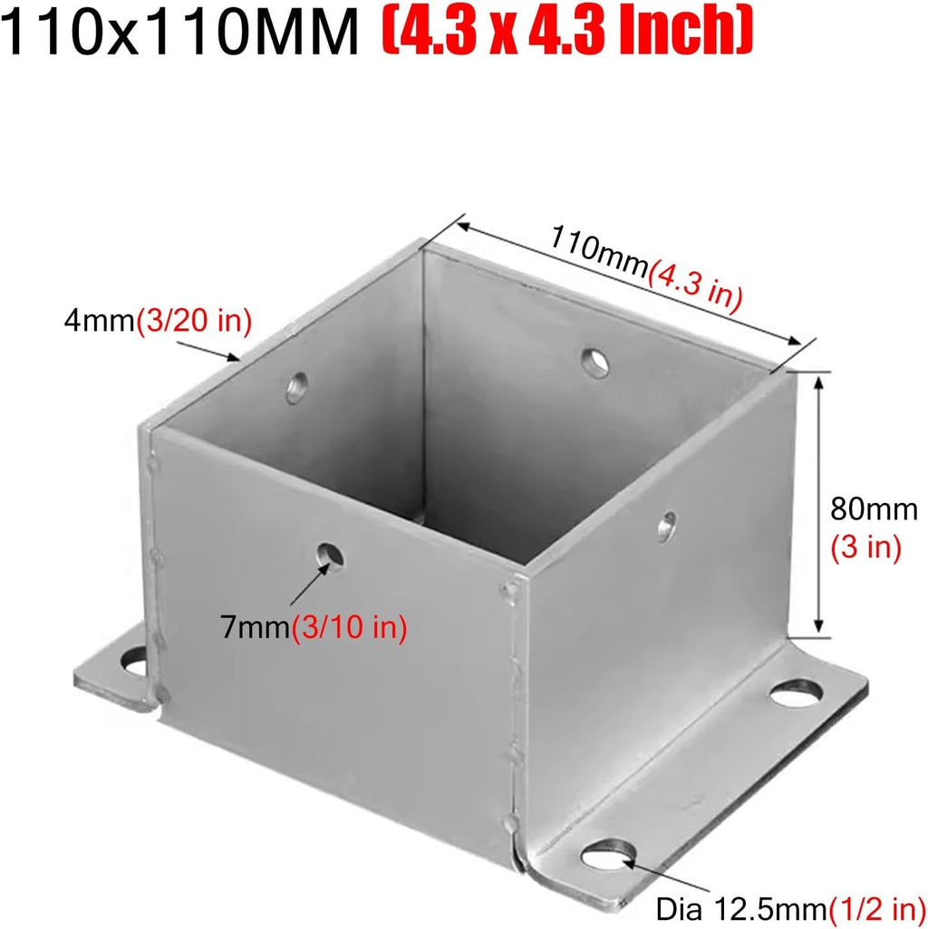 4 Pack Wood Fence Post Base Brackets, Concrete Post Anchor for Deck Railing/Vinyl Fence/Mailbox, Enclosed Bottom Pergola Support Bracket with Installation Kit(110x110 mm (4.3x4.3 in))