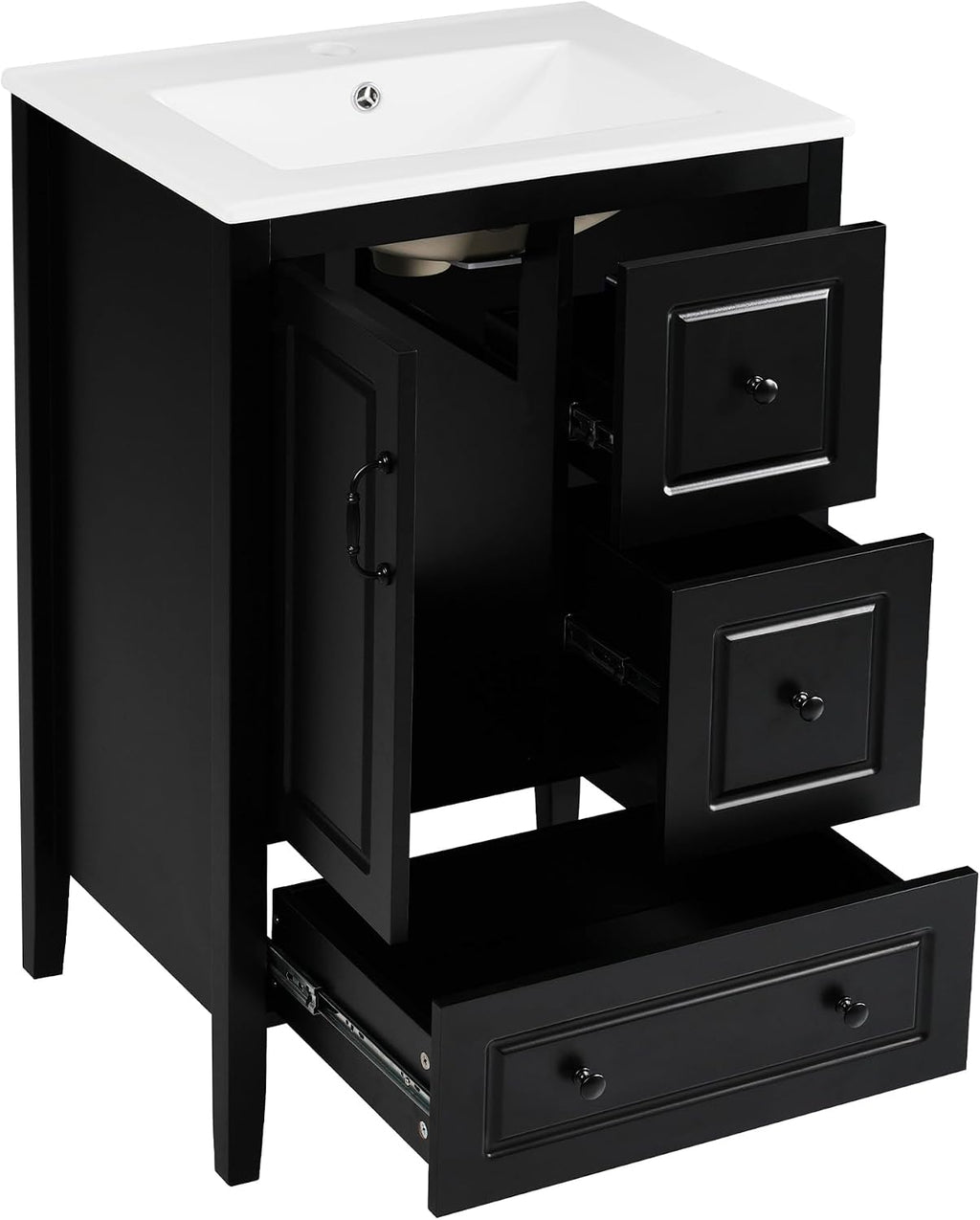 Harper & Bright Designs 24' Bathroom Vanity with Sink, Free Standing Single Vanity Set with 3 Drawers and One Door, Solid Wood Storage Cabinet with Ceramic Basin for Bathroom, Black