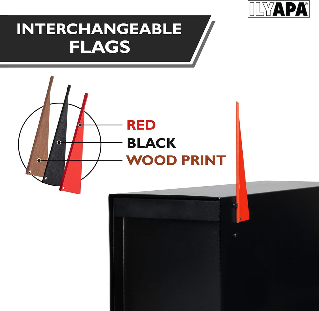 Ilyapa Black Modern Mailbox Post Mount - Mailboxes for Outside - Metal with Printed Ash Wood Grain Trim - Powder Coated Steel - All Weather Resistant