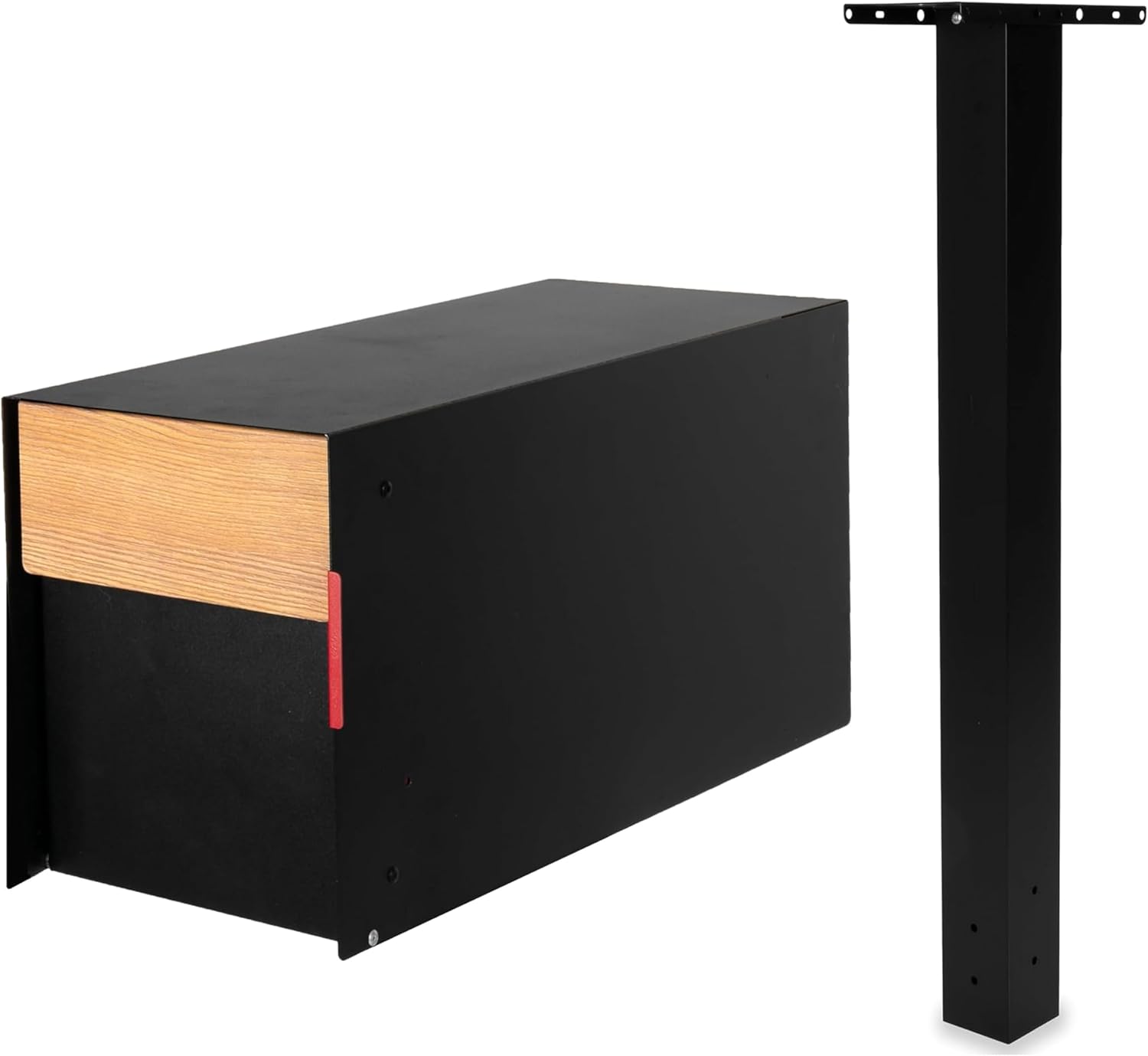 Ilyapa Modern Curbside Mailbox & Post Kit: All Weather Powder-Coated Steel Mail Box with Magnetic Door, Stainless Hinges, and Heavy-Duty 43' Metal Post Sleeve Mount