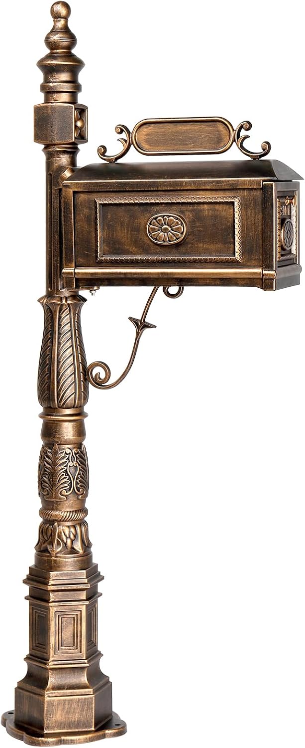 Large Metal Mailbox with Post for Outside Combo, Side Mount with Stand Outgoing Signal Flag & Address Plaque Heavy Duty Cast Aluminum Antique Bronze Vintange Mail Box Sturdy Base 22.4' x 9' x 62.6'H