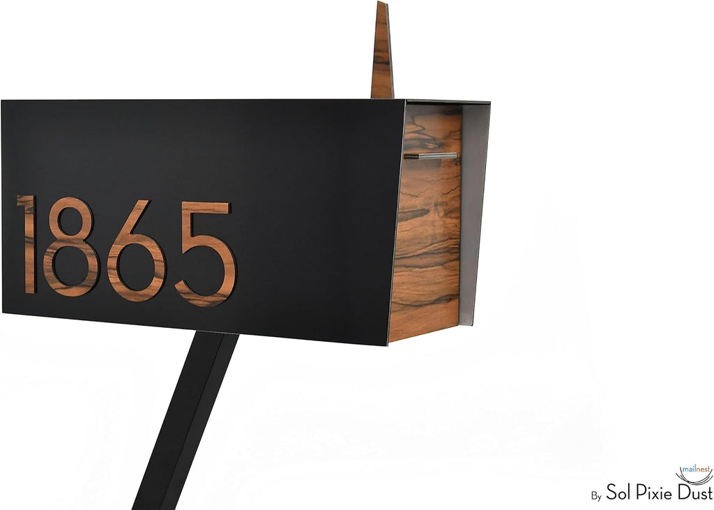 Contemporary Post-Mount Mailbox - Aluminum Black Body with Aluminum Door, Numbers and Flag - Large Customized Mailbox - Type 4 (Acacia Wood)