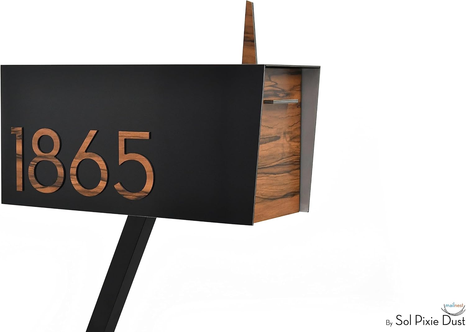 Contemporary Post-Mount Mailbox - Aluminum Black Body with Aluminum Door, Numbers and Flag - Large Customized Mailbox - Type 4 (Acacia Wood)