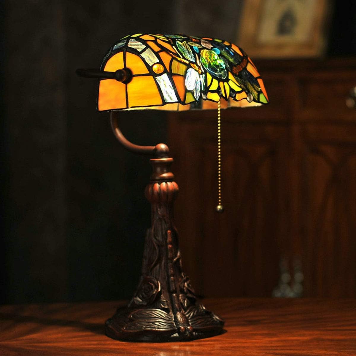 Tiffany Lamp Stained Glass Table Lamp for Living Room Side Dragonfly Piano Lamp Small 15.5' Tall Bedroom Bedside Table Lamp Chain Switch Banker's Home Office Desk Light Farmhouse Lamps