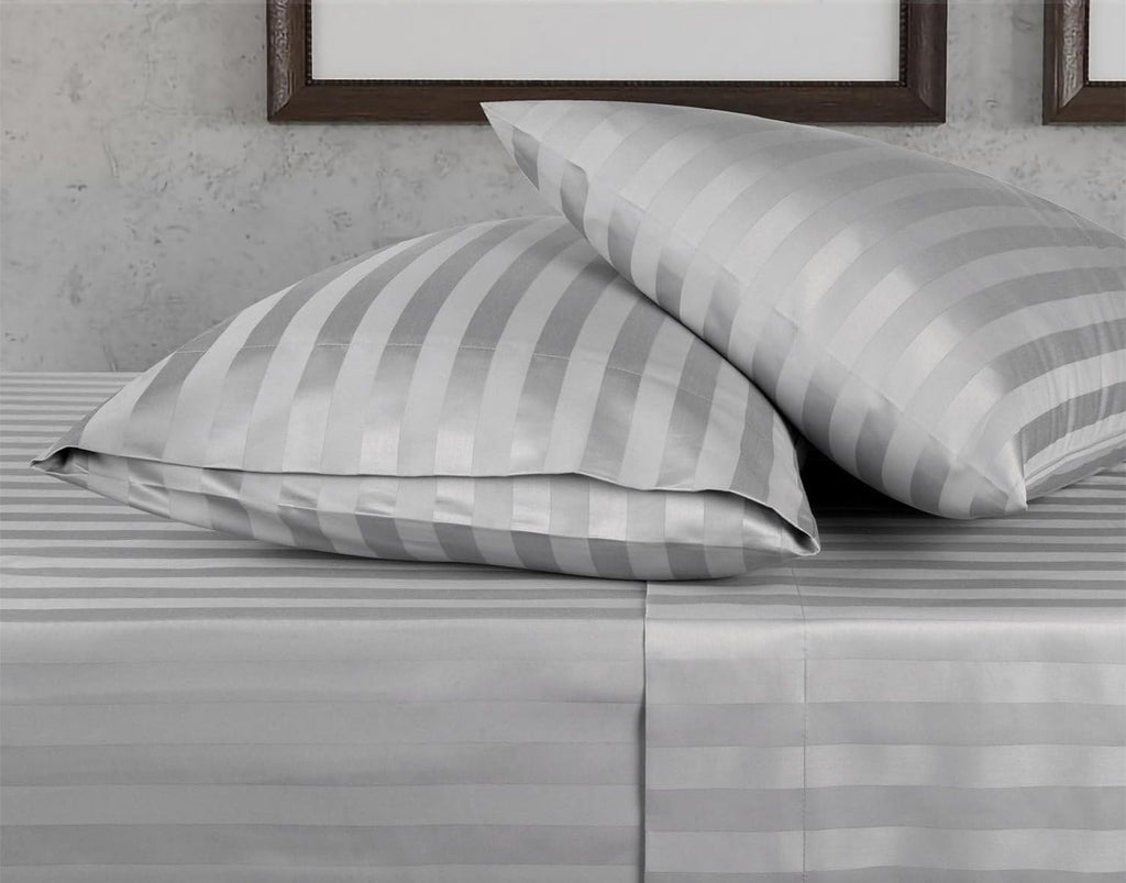 Damask Stripe Twin Size 6 Piece Sheet Set 12 inch Deep Pocket - 1000 Thread Count 100% Egyptian Cotton 6 PC Luxury Cotton Damask Bed Sheets - Silver Grey