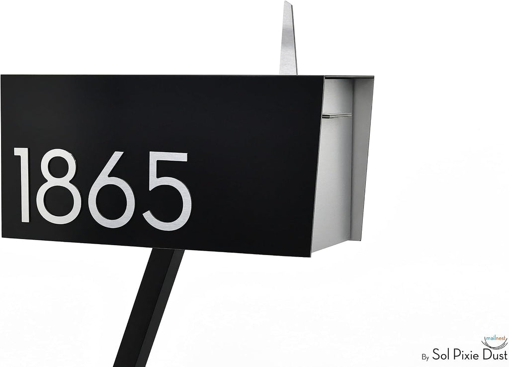 Contemporary Post-Mount Mailbox - Aluminum Black Body with Aluminum Door, Numbers and Flag - Large Customized Mailbox - Type 4 (Brush Silver)