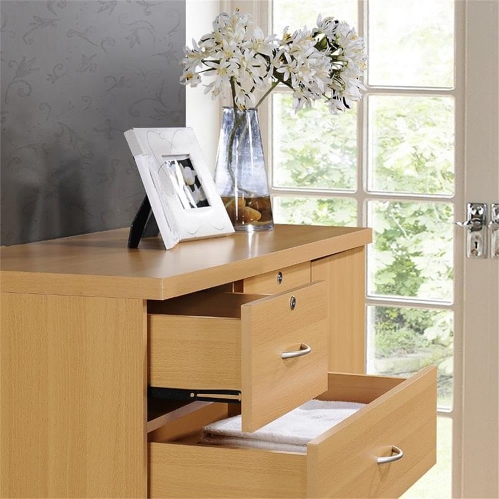 BOWERY HILL 7 Drawer Chest, Beech Wood Finish, Locks on 2 Drawers and 1 Door, Adjustable Shelves, Hanging Rod, Metal Roller Glides, Double Ring Pull Handles, 48.6 in H x 47.2 in W x 17.6 in D