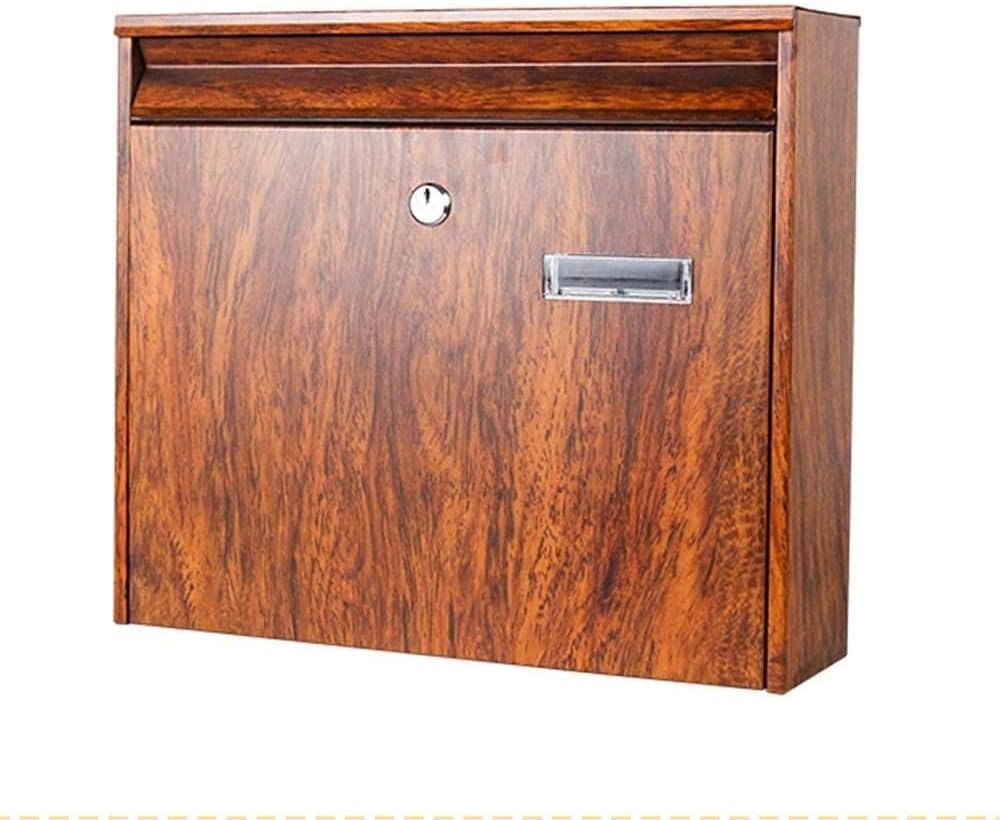 Post Box Modern Wall Mount Lockable Mailbox Outdoor Galvanized Metal Key Parcel Box Packages Drop Slot Secure Lock Outdoor Mailbox-36x10x32cm, Brown