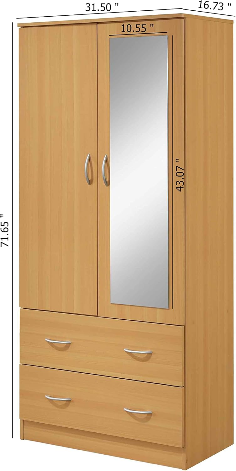 HODEDAH 2 Door Wood Wardrobe for Bedroom with Hanging Clothing Rod inside the Cabinet and 2 Drawers for Storage Organization, Multifunctional Closet with Mirror, Beech