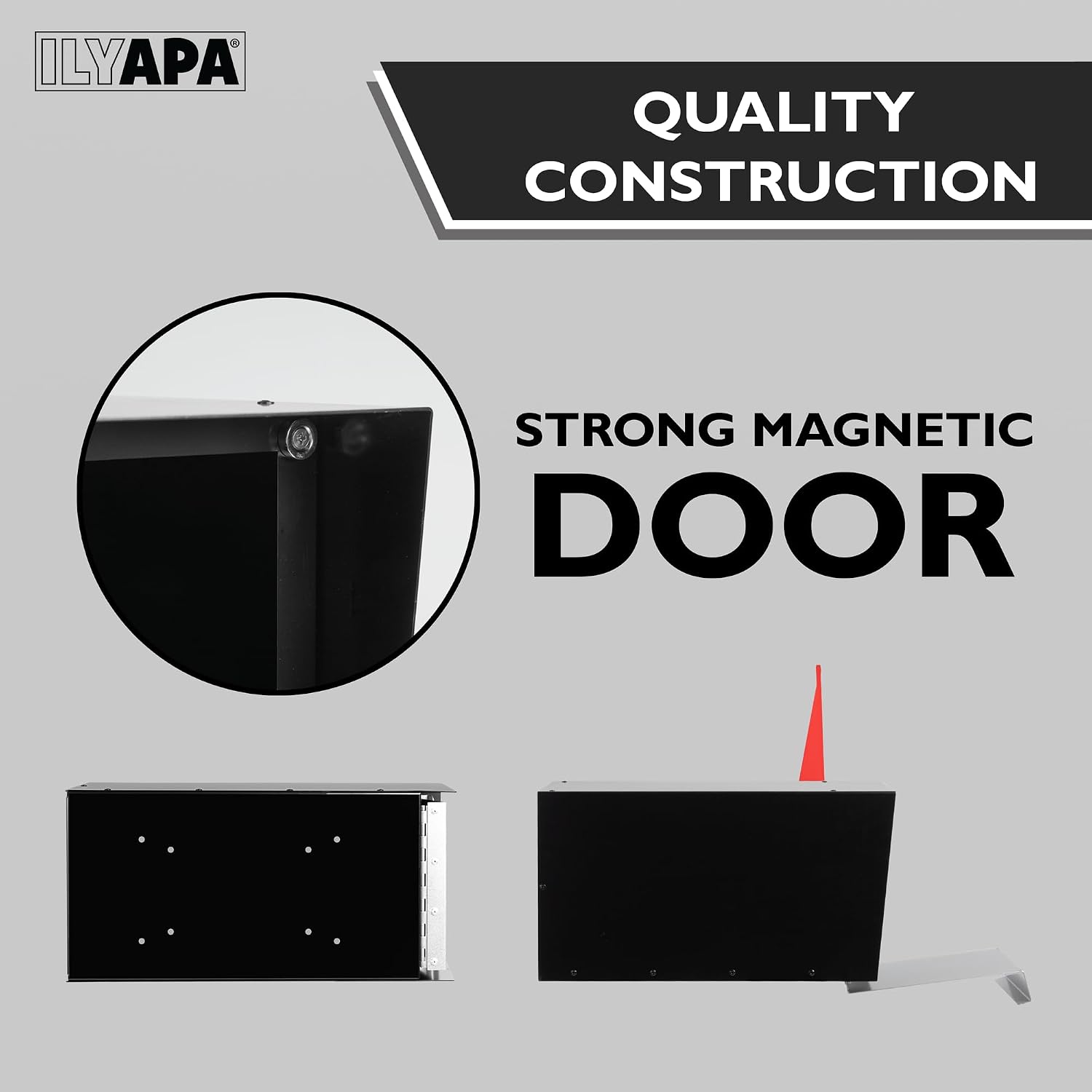 Ilyapa Modern Mailbox for Post Mount - Black with Gray Door Powder Coated Steel, Waterproof Letter Box for Parcels, with Recessed Magnetic Close Door
