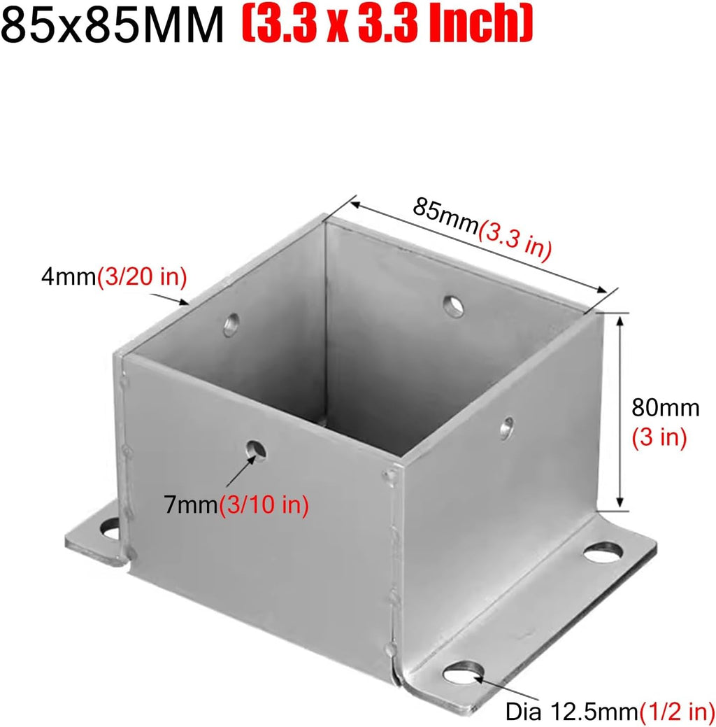 4 Pack Wood Fence Post Base Brackets, Concrete Post Anchor for Deck Railing/Vinyl Fence/Mailbox, Enclosed Bottom Pergola Support Bracket with Installation Kit(85x85 mm (3.3x3.3 in))