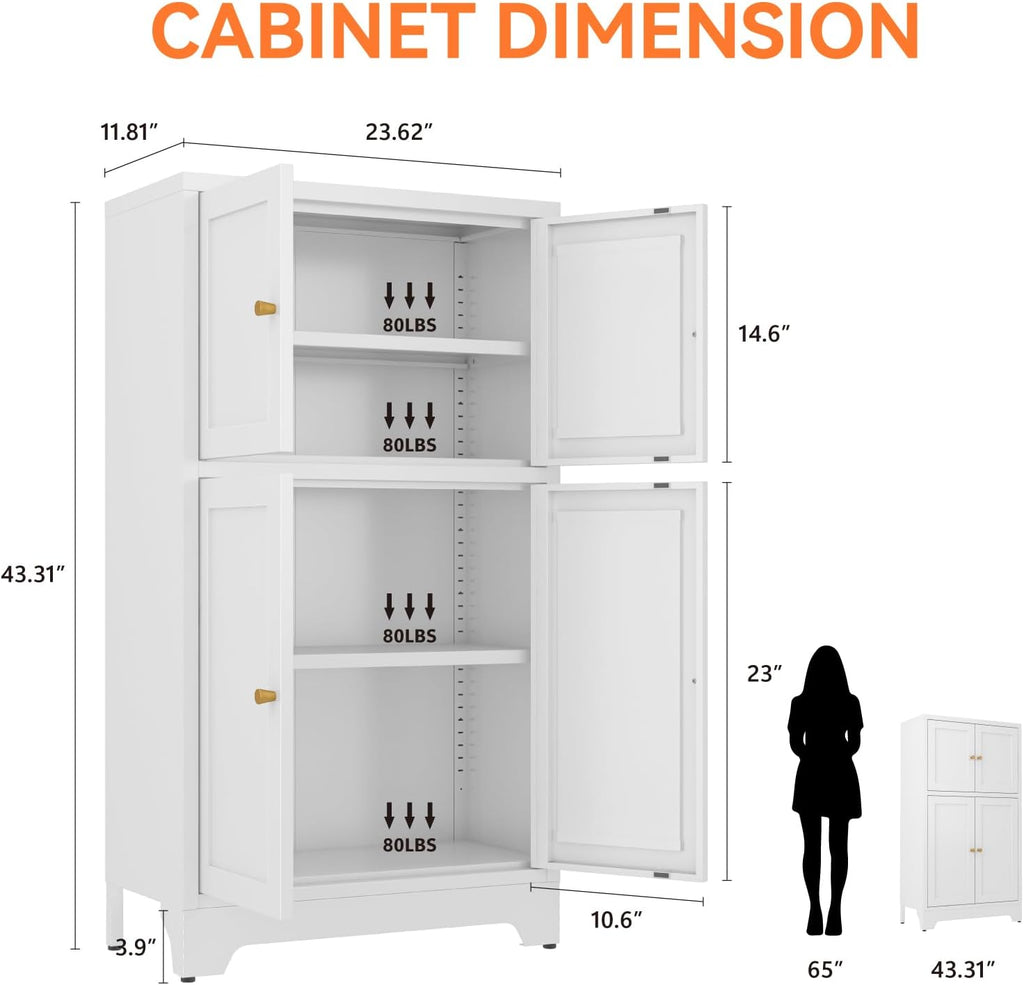 Metal Bathroom Storage Cabinet, Freestanding Pantry Floor Cabinet with 4 Doors and 2 Adjustable Shelves for Living Room, Dining Room, Kitchen