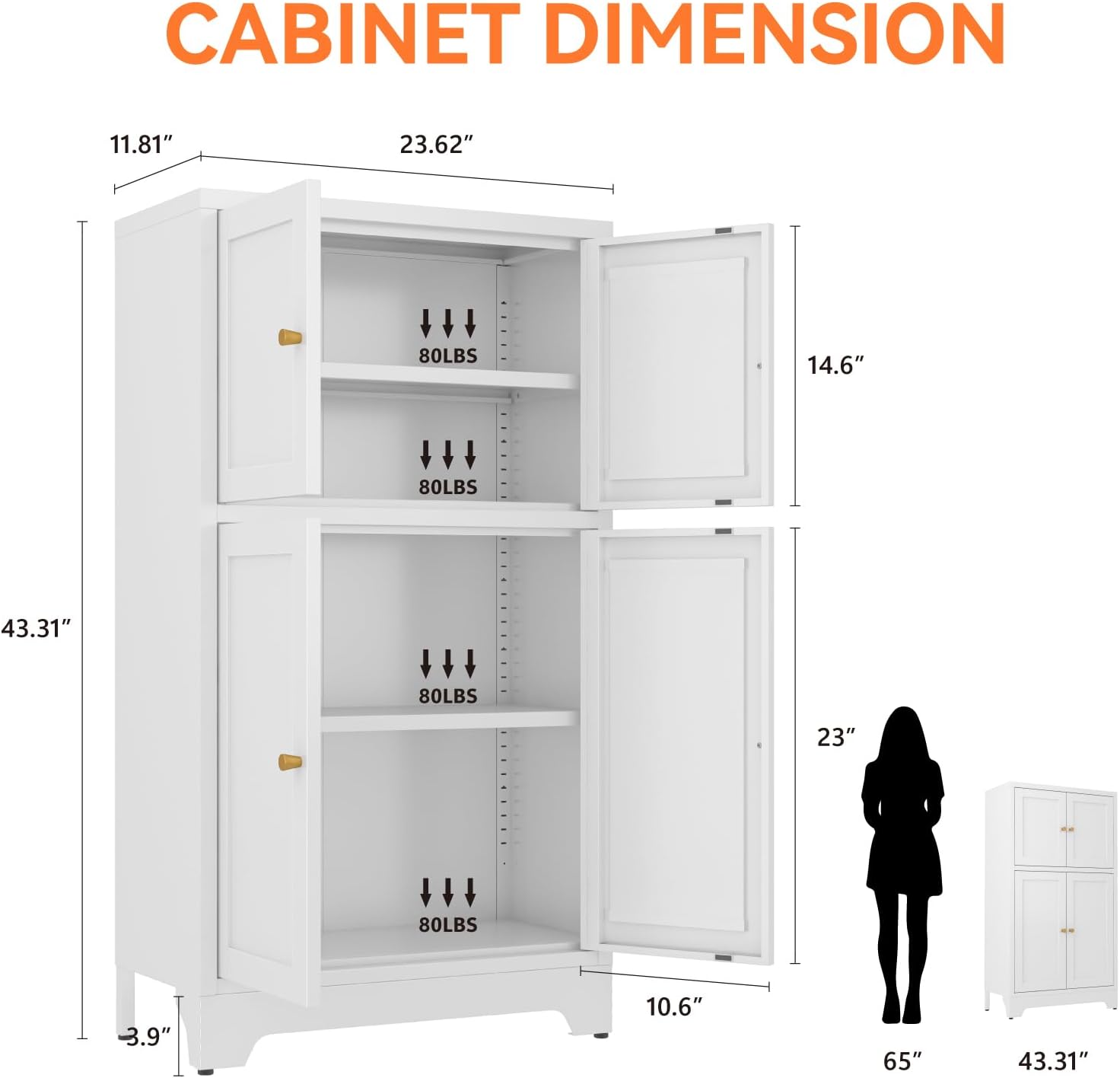 Metal Bathroom Storage Cabinet, Freestanding Pantry Floor Cabinet with 4 Doors and 2 Adjustable Shelves for Living Room, Dining Room, Kitchen