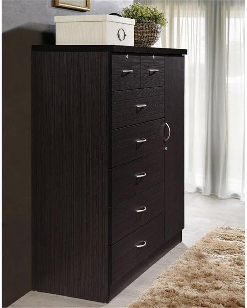 BOWERY HILL 7 Drawer Chest, Chocolate Wood Finish, 48.6 in H, Lockable Top Drawers and Door, Adjustable Shelves, Hanging Rod, Durable Storage for Clothes and Bedroom Organization