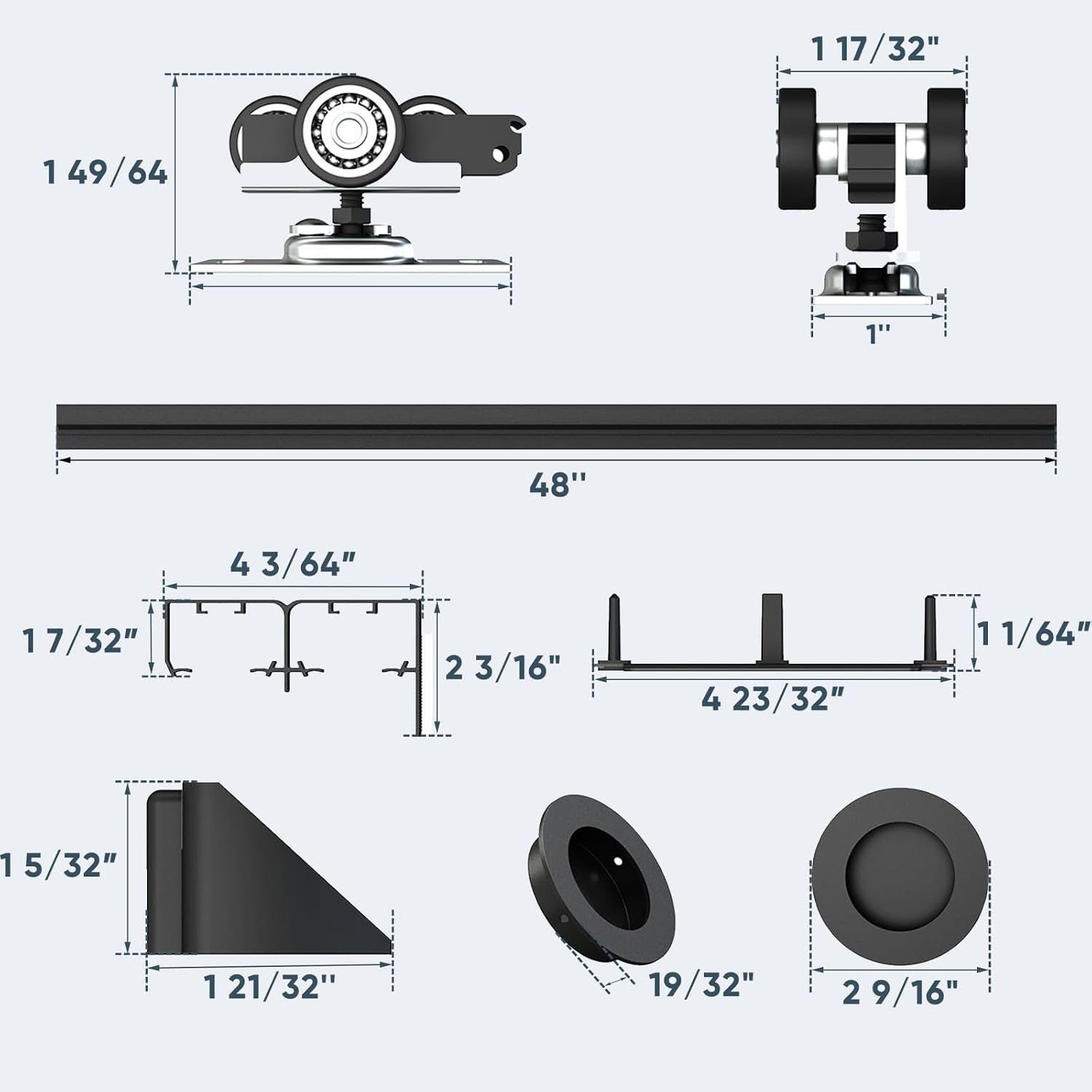 JUBEST 4FT/48 Heavy Duty Bypass Door Hardware with Soft Close Mechanism, Sturdy Closet Door Track for 2 Door System, Quietly and Smoothly, Fit Door Thickness 1 3/8' or 1 3/4', Easy to Install, Black