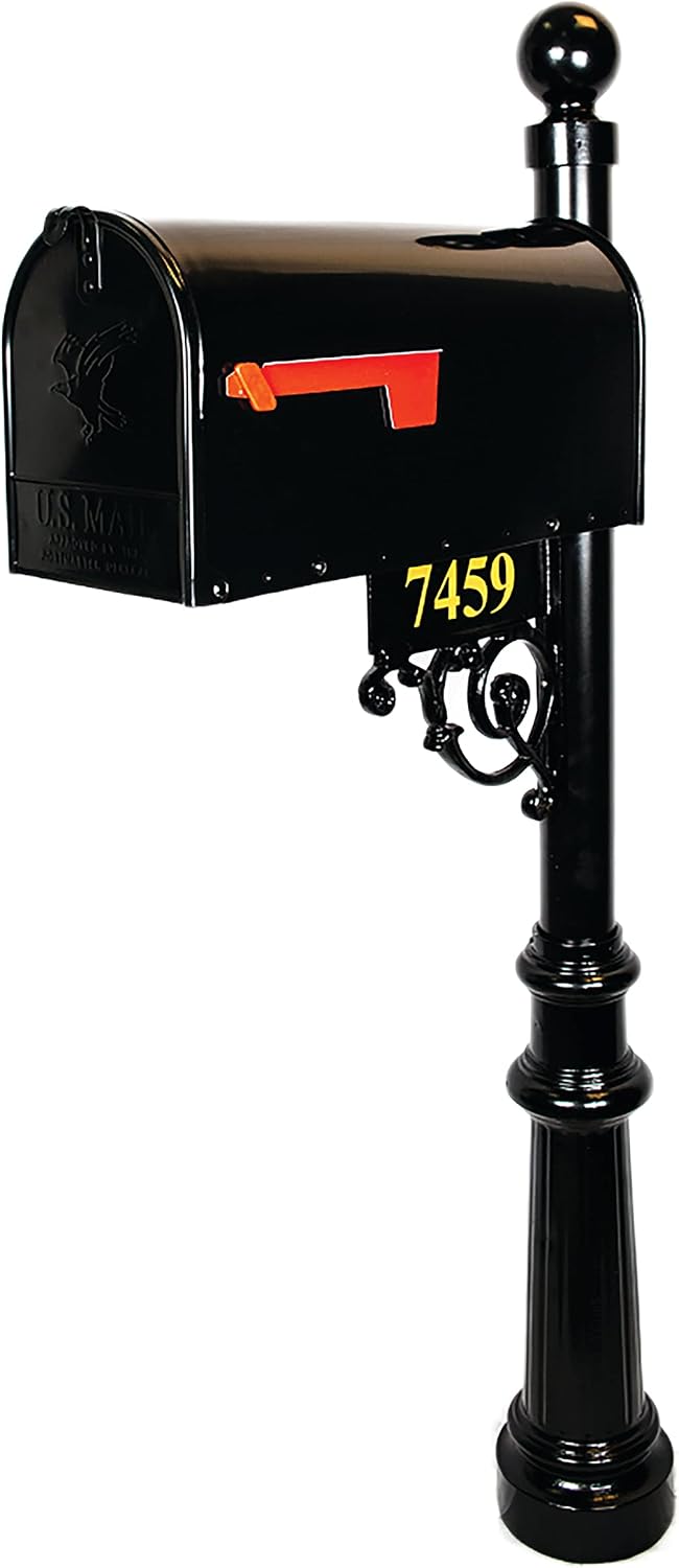Black Mailbox with Post and Number Plate - The Regency