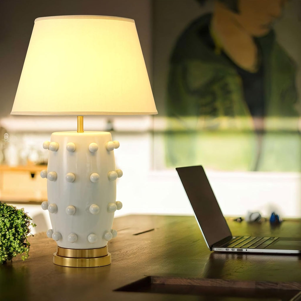 Modern Ceramic Linden Table Lamp - 30' White Ball Farmhouse Design, Classic Nightstand Large Linden Lamp Tapered Drum Shade for Living Room, Bedroom, Office, and Home （White）