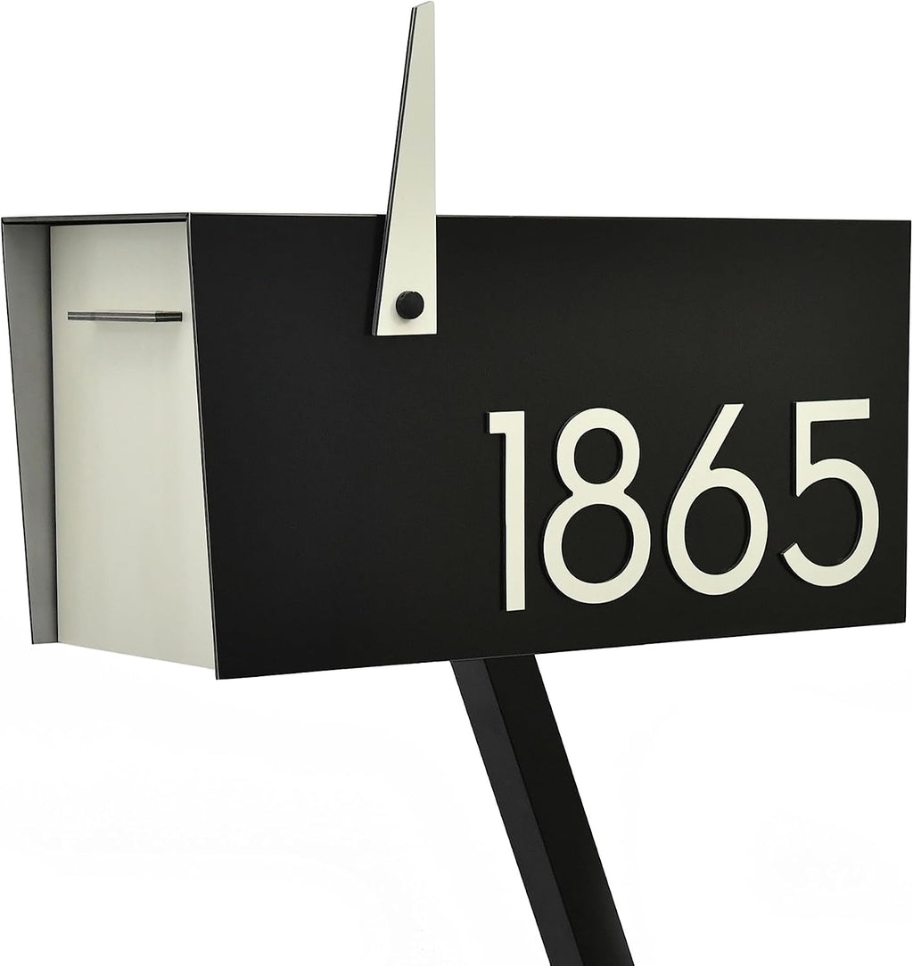 Contemporary Post-Mount Mailbox - Aluminum Black Body with Aluminum Door, Numbers and Flag - Large Customized Mailbox - Type 4 (Ivory White)