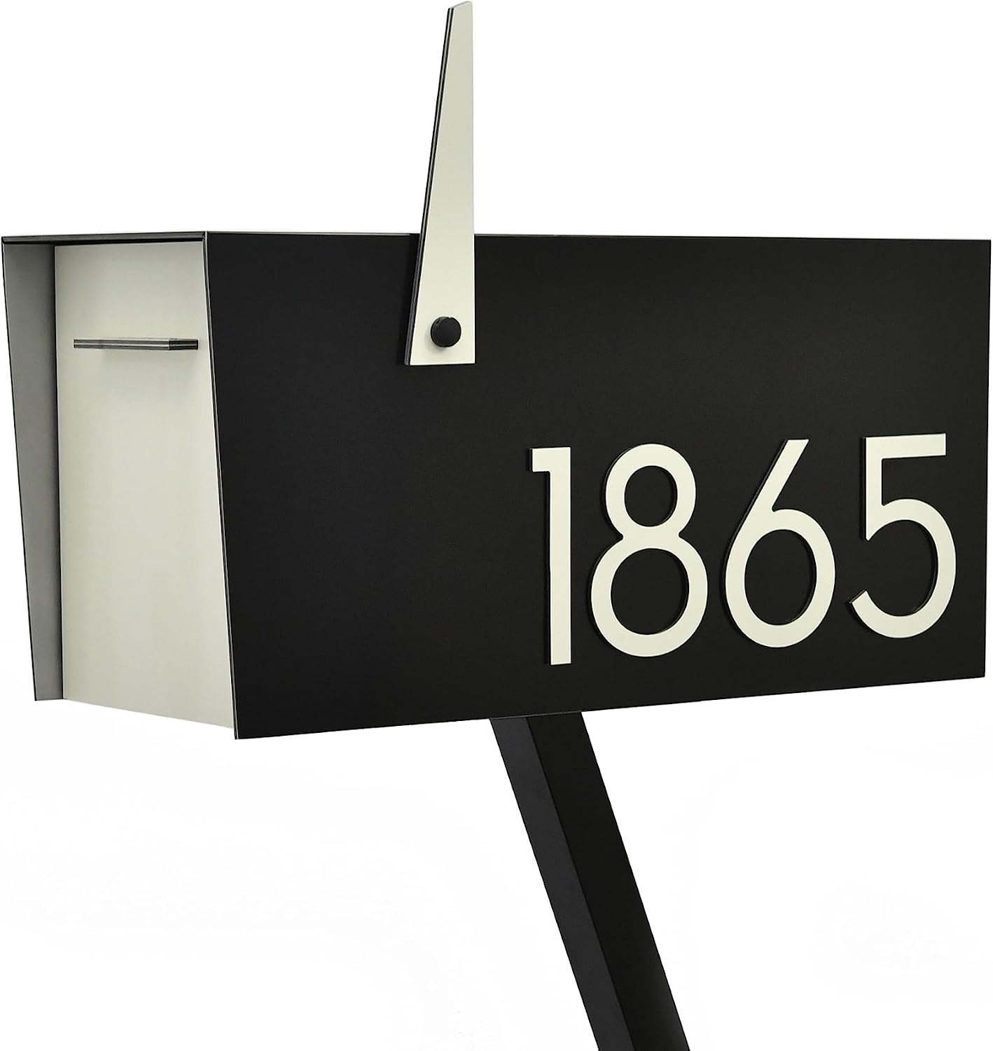 Contemporary Post-Mount Mailbox - Aluminum Black Body with Aluminum Door, Numbers and Flag - Large Customized Mailbox - Type 4 (Ivory White)