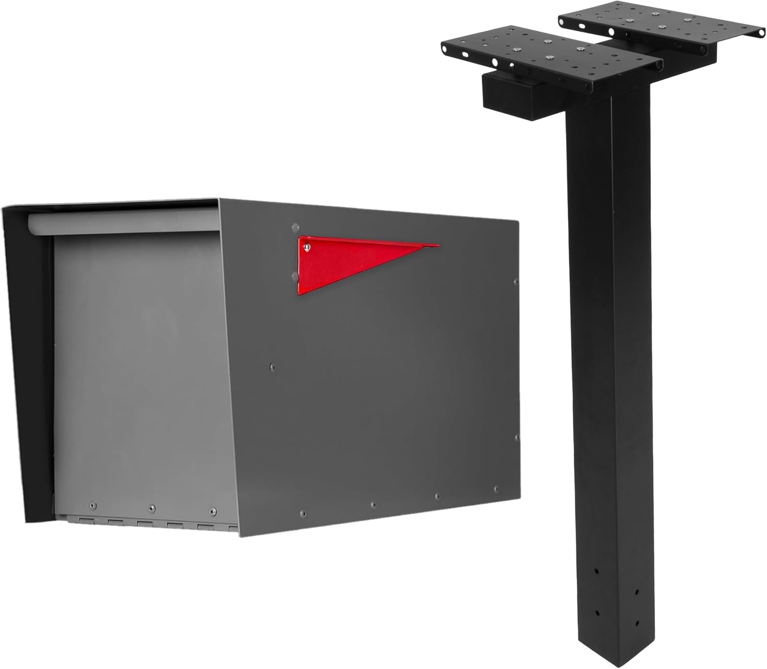 Ilyapa Modern Gray Steel Post Mount Mailbox & Dual Black Metal Mailbox Post - Waterproof, Parcel-Ready, All-Weather Durable for Outdoor Use, Universal Mount