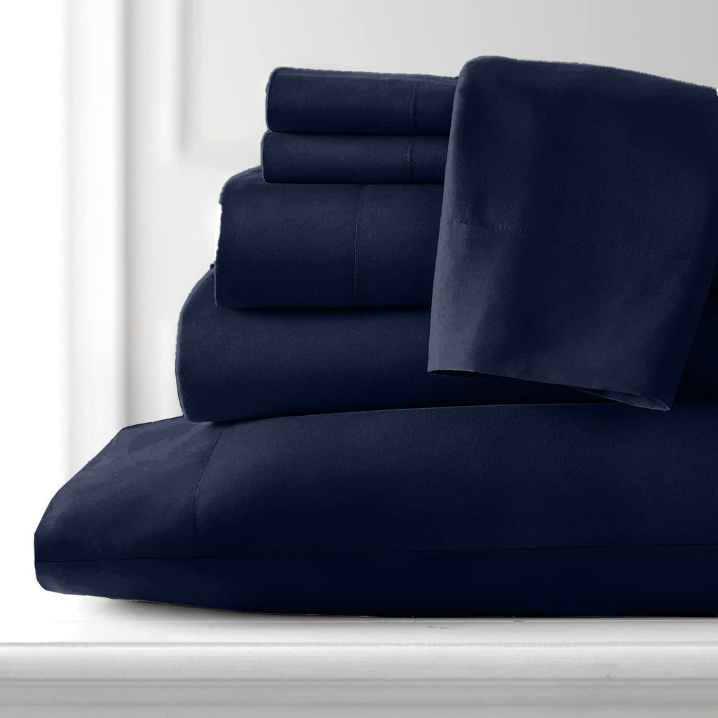 100% Giza Cotton, 1000 Thread Count, 6-PC Bed Sheet Set [Queen Size, Navy Blue Color] 18 inches Deep Pockets, Long Staple Cotton Breathable Soft Silky Sateen Weave