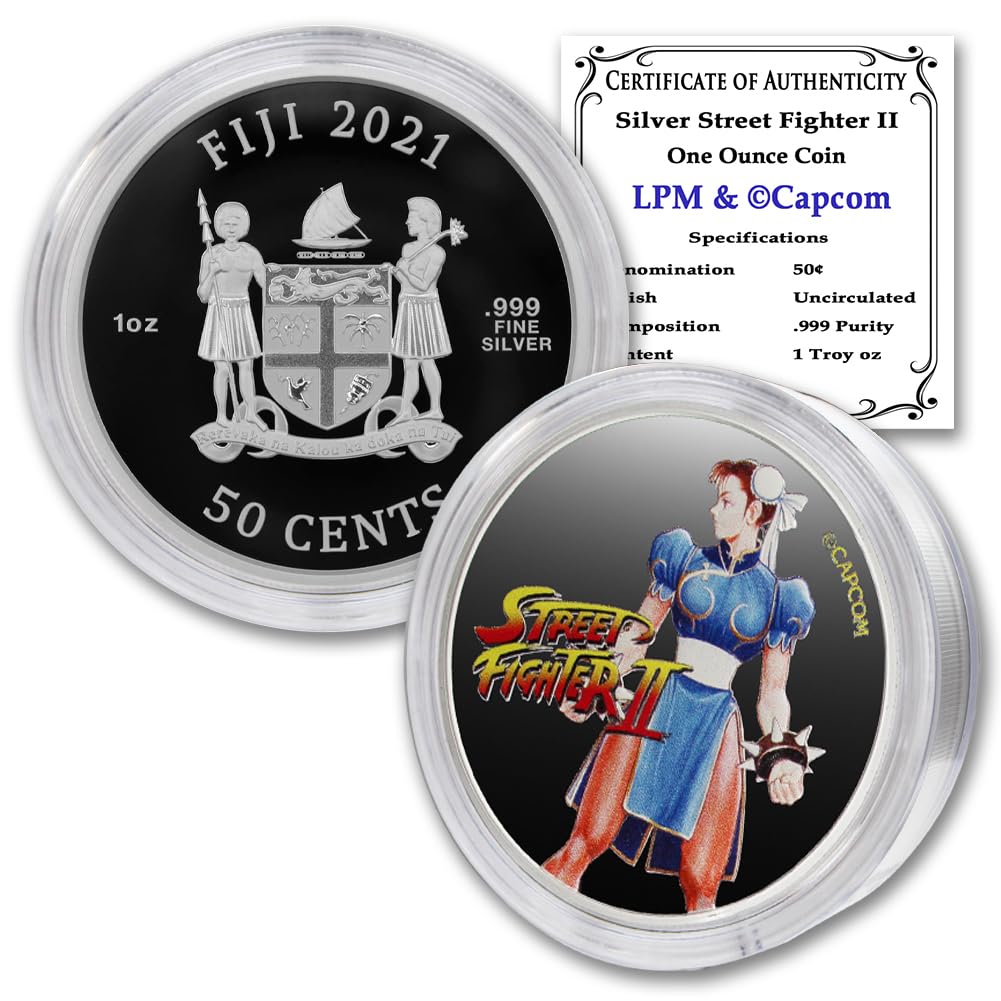 2021 1 oz Silver Fiji Street Fighter II 30th Anniversary Chun-Li Coloured Brilliant Uncirculated (in Capsule) with a Certificate of Authenticity 50c BU