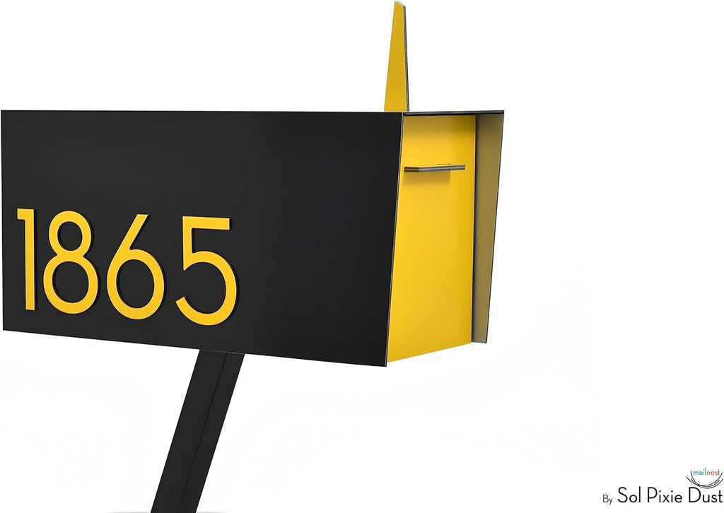 Contemporary Post-Mount Mailbox - Aluminum Black Body with Aluminum Door, Numbers and Flag - Large Customized Mailbox - Type 4 (Yellow)